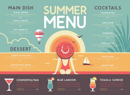 Ilustración de Diseño de menú de restaurante de verano retro con cócteles, paisaje oceánico y mujer de sombrero. Ilustración vectorial - Imagen libre de derechos