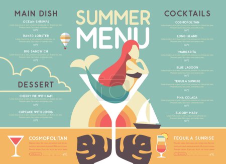 Téléchargez les illustrations : Rétro restaurant d'été cocktail design avec sirène en verre à cocktail. Illustration vectorielle - en licence libre de droit