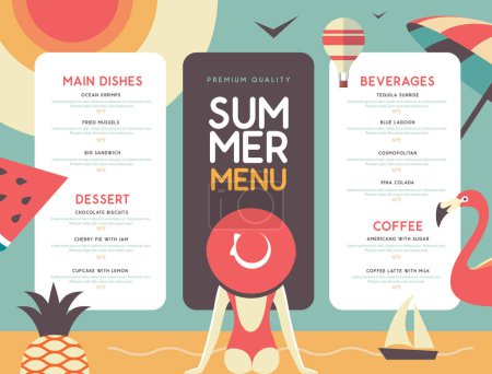Téléchargez les illustrations : Rétro design de menu de restaurant d'été avec ananas, flamant rose et femme au chapeau. Illustration vectorielle - en licence libre de droit