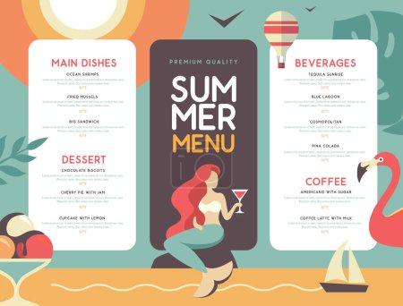 Illustration for Retro summer restaurant menu design with mermaid and cocktail glass. Vector illustration - Royalty Free Image