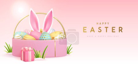Téléchargez les illustrations : Joyeux fond de vacances de Pâques avec boîte cadeau, panier, oeufs et oreilles de lapin à l'intérieur. Illustration vectorielle - en licence libre de droit