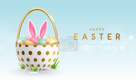 Illustration for Happy Easter holiday background with basket, easter eggs and rabbit ears inside. Vector illustration - Royalty Free Image