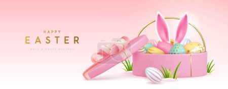 Ilustración de Feliz Pascua fondo de vacaciones con caja de regalo, cesta, huevos y orejas de conejo. Ilustración vectorial - Imagen libre de derechos