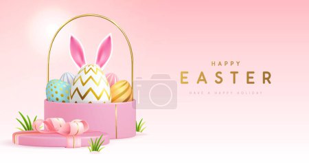Ilustración de Feliz Pascua fondo de vacaciones con caja de regalo, cesta, huevos y orejas de conejo. Ilustración vectorial - Imagen libre de derechos