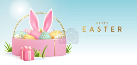 Ilustración de Feliz Pascua fondo de vacaciones con caja de regalo, cesta, huevos y orejas de conejo en el interior. Ilustración vectorial - Imagen libre de derechos