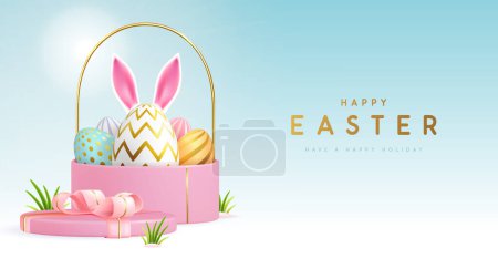Téléchargez les illustrations : Joyeux fond de vacances de Pâques avec boîte cadeau, panier, oeufs et oreilles de lapin. Illustration vectorielle - en licence libre de droit