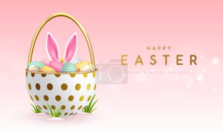 Ilustración de Feliz Pascua fondo de vacaciones con cesta, huevos de Pascua y orejas de conejo en el interior. Ilustración vectorial - Imagen libre de derechos