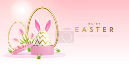 Happy Easter holiday background with gift box and Easter egg with rabbit ears. Vector illustration