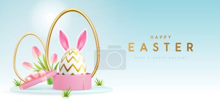 Téléchargez les illustrations : Joyeux fond de vacances de Pâques avec boîte cadeau et oeuf de Pâques avec oreilles de lapin. Illustration vectorielle - en licence libre de droit