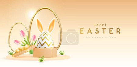 Frohe Osterfeiertage Hintergrund mit Geschenkbox und Osterei mit Hasenohren. Vektorillustration