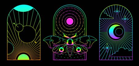 Illustration for Set of modern fluorescent magic witchcraft cards with sun, moon and butterfly. Line art occult vector illustration - Royalty Free Image