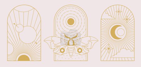Illustration for Set of Modern magic witchcraft cards with sun, moon and butterfly. Line art occult vector illustration - Royalty Free Image