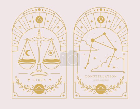 Ilustración de Conjunto de tarjetas de brujería mágica moderna con astrología signo del zodíaco Libra característica. Ilustración vectorial - Imagen libre de derechos