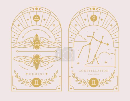 Illustration for Set of Modern magic witchcraft cards with astrology Gemini zodiac sign characteristic. Vector illustration - Royalty Free Image