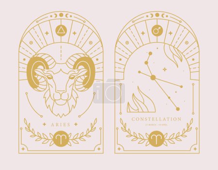 Ensemble de cartes de sorcellerie magiques modernes avec astrologie Bélier signe du zodiaque caractéristique. Illustration vectorielle