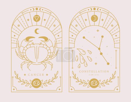 Ilustración de Conjunto de tarjetas de brujería mágica moderna con astrología Cáncer signo del zodíaco característica. Ilustración vectorial - Imagen libre de derechos