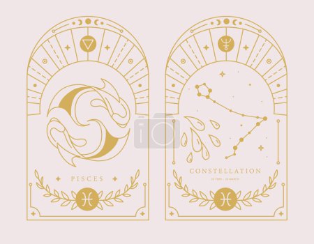 Ilustración de Conjunto de cartas de brujería mágica moderna con astrología signo del zodíaco de Piscis característica. Ilustración vectorial - Imagen libre de derechos
