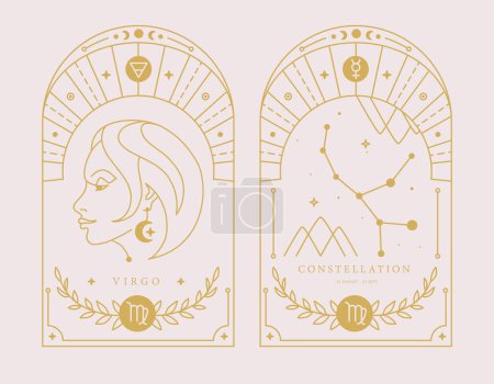 Illustration for Set of Modern magic witchcraft cards with astrology Virgo zodiac sign characteristic. Vector illustration - Royalty Free Image