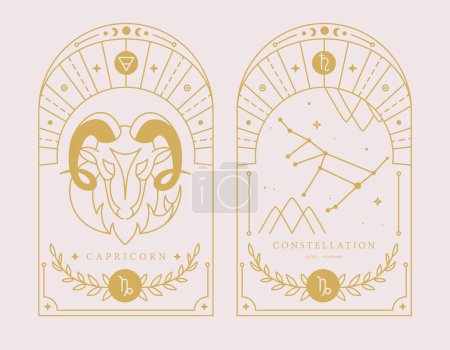 Illustration for Set of Modern magic witchcraft cards with astrology Capricorn zodiac sign characteristic. Vector illustration - Royalty Free Image