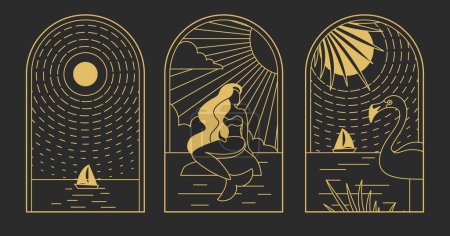 Ilustración de Conjunto de iconos de verano de arte moderno con sirena, flamenco y barco. Conjunto de carteles de verano. Ilustración vectorial - Imagen libre de derechos
