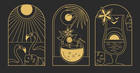 Illustration for Set of modern line art summer icons with pina colada cocktail, flamingo and sun. Set of summer posters. Vector illustration - Royalty Free Image