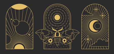 Illustration for Set of Modern magic witchcraft cards with sun, moon and butterfly. Line art occult vector illustration - Royalty Free Image