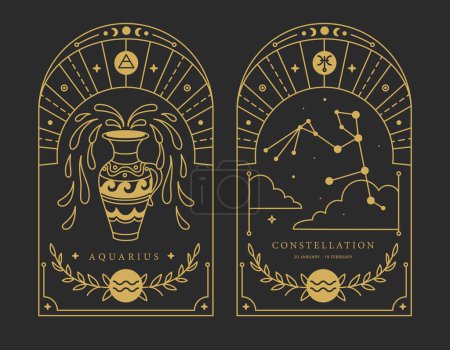 Illustration for Set of Modern magic witchcraft cards with astrology Aquarius zodiac sign characteristic. Vector illustration - Royalty Free Image