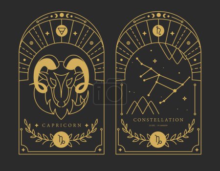 Illustration for Set of Modern magic witchcraft cards with astrology Capricorn zodiac sign characteristic. Vector illustration - Royalty Free Image