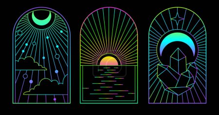 Illustration for Set of modern flourescent magic witchcraft cards with sun and moon. Line art occult vector illustration - Royalty Free Image