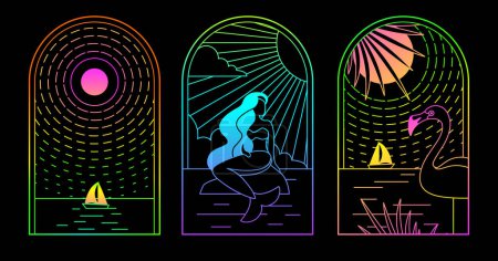 Ilustración de Conjunto de iconos de verano de arte de línea fluorescente moderna con sirena, flamenco y barco. Conjunto de carteles de verano. Ilustración vectorial - Imagen libre de derechos
