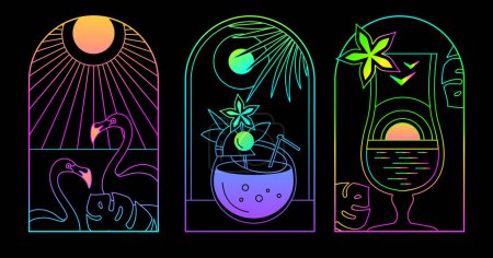 Téléchargez les illustrations : Ensemble d'icônes d'été fluorescentes modernes avec cocktail pina colada, flamant rose et soleil. Ensemble d'affiches d'été. Illustration vectorielle - en licence libre de droit