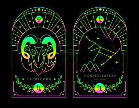 Illustration for Set of Modern magic fluorescent witchcraft cards with astrology Capricorn zodiac sign characteristic. Vector illustration - Royalty Free Image