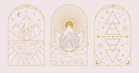 Illustration for Set of Modern magic witchcraft cards with Four elements and lotus. Line art occult vector illustration - Royalty Free Image