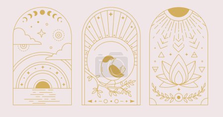 Téléchargez les illustrations : Ensemble de cartes de sorcellerie magiques modernes avec oiseau, soleil, lune et lotus. Illustration vectorielle occulte de l'art linéaire - en licence libre de droit
