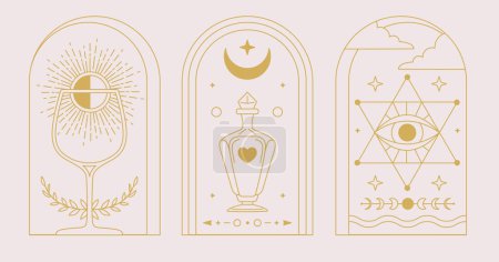 Illustration for Set of Modern magic witchcraft cards with wine glass, all seeing eye and bottle. Line art occult vector illustration - Royalty Free Image
