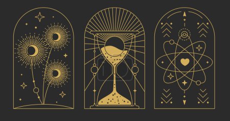 Ilustración de Conjunto de cartas de brujería mágica moderna con reloj de arena, sol, luna y dientes de león. Ilustración de vectores ocultos de arte lineal - Imagen libre de derechos