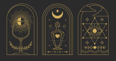 Illustration for Set of Modern magic witchcraft cards with wine glass, all seeing eye and bottle. Line art occult vector illustration - Royalty Free Image