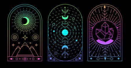 Illustration for Set of Modern magic fluorescent witchcraft cards with sun and moon. Line art occult vector illustration - Royalty Free Image