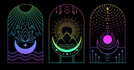 Ilustración de Conjunto de tarjetas de brujería fluorescente mágica moderna con cuatro elementos y loto. Ilustración de vectores ocultos de arte lineal - Imagen libre de derechos