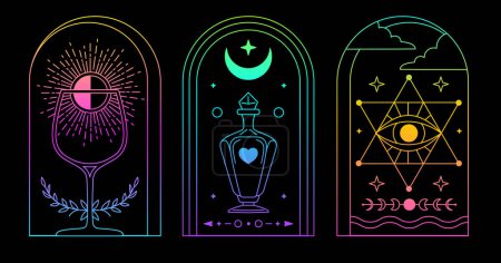 Illustration for Set of Modern magic fluorescent witchcraft cards with wine glass, all seeing eye and bottle. Line art occult vector illustration - Royalty Free Image