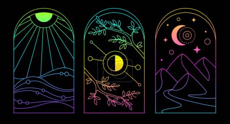 Illustration for Set of Modern magic fluorescent witchcraft cards with sun, moon, mountains and ocean. Line art occult vector illustration - Royalty Free Image