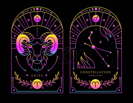 Ilustración de Conjunto de tarjetas de brujería fluorescente magia moderna con astrología signo del zodíaco de Aries característica. Ilustración vectorial - Imagen libre de derechos