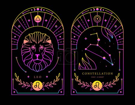 Ilustración de Conjunto de tarjetas de brujería fluorescente magia moderna con astrología Leo signo del zodíaco característica. Ilustración vectorial - Imagen libre de derechos
