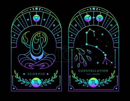 Ilustración de Conjunto de tarjetas de brujería fluorescente magia moderna con astrología signo del zodiaco Escorpio característica. Ilustración vectorial - Imagen libre de derechos