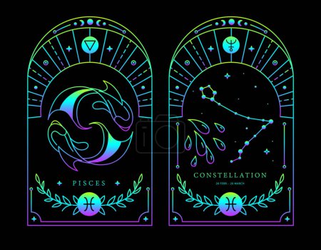 Ilustración de Conjunto de tarjetas de brujería fluorescente magia moderna con astrología signo del zodíaco de Piscis característica. Ilustración vectorial - Imagen libre de derechos