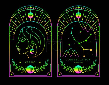 Illustration for Set of Modern magic fluorescent witchcraft cards with astrology Virgo zodiac sign characteristic. Vector illustration - Royalty Free Image
