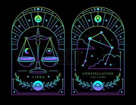 Illustration for Set of Modern magic fluorescent witchcraft cards with astrology Libra zodiac sign characteristic. Vector illustration - Royalty Free Image