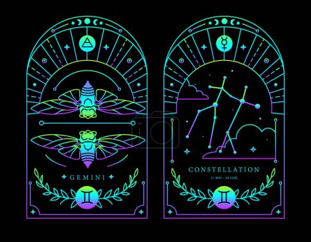 Illustration for Set of Modern magic fluorescent witchcraft cards with astrology Gemini zodiac sign characteristic. Vector illustration - Royalty Free Image