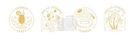 Téléchargez les illustrations : Ensemble d'icônes d'été d'art linéaire avec palmier, cocktail pina colada, cactus, crabe et cercle gonflable de flamant rose. Ensemble d'affiches d'été. Illustration vectorielle - en licence libre de droit