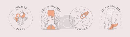Téléchargez les illustrations : Ensemble d'icônes d'été d'art de ligne avec nageuse, cocktail cosmopolite, sirène et crème glacée. Ensemble d'affiches d'été. Illustration vectorielle - en licence libre de droit